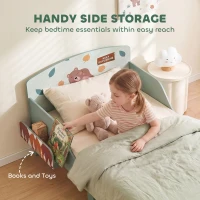 Qaba Toddler Bed with Bedside Storage, Guard Rails, Montessori Bed for Ages 3-8, Fits 132x70x10cm Mattress, Green Bear Print(m-5)