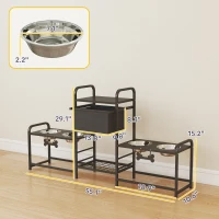 PawHut 3 Height Adjustable Dog Bowl Stand with 2 Feeding Stations, Toy Bin Basket, Black(m-3)