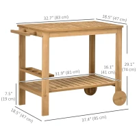Outsunny Outdoor Bar Cart, Wood Rolling Home Bar & Serving Cart with 2 Shelves, Wine Bottle Holders for Garden, Dining Room, Natural(m-3)