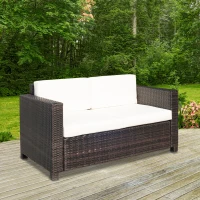 Outsunny 2 Seat Patio Loveseat Deluxe Wicker Sofa Chair Outdoor Rattan Furniture Couch All Weather with Cushion for Balcony, Deck, Garden and Poolside, Cream White(m-8)