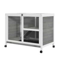 PawHut Indoor Rabbit Hutch with Wheels, Bunny Cage Guinea Pig House W/ Top Access, Ramp, Pull Out Tray, Grey(m-11)