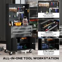 HOMCOM Rolling Tool Cabinet with Pegboard, Lockable Tool Chest, Mobile Tool Storage Organizer for Garage and Workshop, Black(m-4)