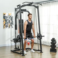 Soozier 3 In 1 Smith Machine with Dual Cable Pulley System, Chest Press Station, 17-Level Squat Rack and Barbell Bar(m-1)