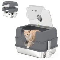 PawHut Stainless Steel Cat Litter Box with Lid, High Sided Enclosed Litter Box with Removable Lid, Tray, Scoop(m-13)