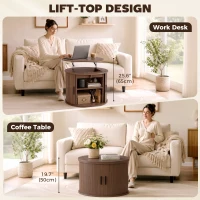 HOMCOM Lift Top Coffee Table, Modern Fluted Round Coffee Table with Layered Storage and Tambour Sliding Door, Walnut Brown(m-4)