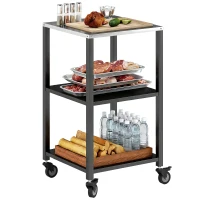 Outsunny Outdoor Grill Cart, Pizza Oven Stand with Stainless Steel Top, 3-Tier Rolling Kitchen Prep Station with Wheels, Black(m-9)