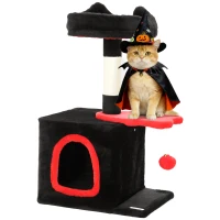 PawHut 28" Gothic Cat Tree Tower with Plush Top Bed, Cozy Condo, Sisal Scratching Post, Perch, Dangling Ball, Red & Black(m-9)