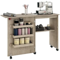 HOMCOM Sewing Machine Cabinet, Folding Sewing Table with Storage Shelf, Bins and Lockable Wheels for Small Space, Grey(m-9)