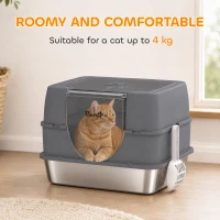 PawHut Stainless Steel Cat Litter Box with Lid, High Sided Enclosed Litter Box with Removable Lid, Tray, Scoop(m-4)
