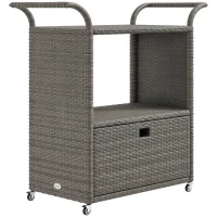 Outsunny Patio PE Wicker Garden Serving Cart with 2-Tier Shelf, Outdoor Wheeled Rattan Food Cart with Drawer, Handles, for Poolside, Garden, Mixed Grey(m-9)