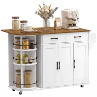 HOMCOM 53" Kitchen Island with Power Outlet and Drop Leaf, Kitchen Cart on Wheels with 360° Rotating Rack, White(m-2)