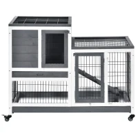 PawHut Wooden Rabbit Hutch, Indoor Bunny Cage with Wheels, Pull Out Trays, Run, Grey(m-10)