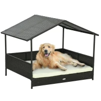 PawHut Rattan Dog House with Canopy, Wicker Dog Bed with Water-Resistant Cushion, for Small and Medium Breeds Cream White(m-9)