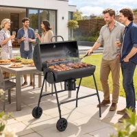 Outsunny Barrel Charcoal BBQ Smoker, Barbecue with 420 sq.in. Cooking Area, Wheels, Ash Catcher, Black(m-8)