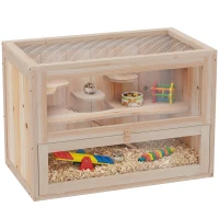 PawHut 24 Inch Hamster Cage, 2 Levels Small Animals Habitat Pet House with Openable Roof, Run Space, Platforms, Natural Wood(m-2)