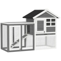 PawHut 49" Weatherproof Wooden Rabbit Hutch With Slant Roof And Screened Outdoor Run, Grey(m-2)
