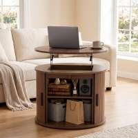 HOMCOM Lift Top Coffee Table, Modern Fluted Round Coffee Table with Layered Storage and Tambour Sliding Door, Walnut Brown