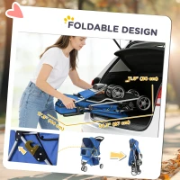 PawHut 3 Wheels Foldable Dog Stroller with Storage Basket, Adjustable Canopy, Cupholder for Miniature and Small Dogs, Blue(m-5)