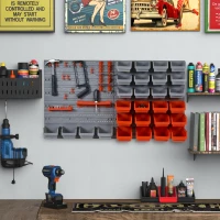 DURHAND 44PC Wall Mounted Storage Bins Parts Rack Kit with 2 Colour Parts, Hardware Screw Tool Organizer with Storage Bins, Pegboard and Hooks, Garage Plastic Organizer, Red(m-1)