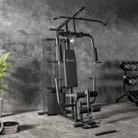 Soozier Home Gym, Multifunction Gym Equipment Workout Station with 100Lbs Weight Stack for Lat Pulldown, Leg Extensions, Preacher Bicep Curls, Triceps Pulldowns, Chest Press, Black(m-10)