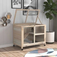 PawHut Rabbit Hutch with Wheels, Desk and Side Table Sized, Wooden Rabbit Cage, Natural(m-14)