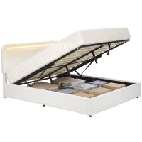 HOMCOM Queen Size Bed Frame with Charging Station, LED Lights, Adjustable Headboard, Upholstered Platform Bed Frame White(m-13)