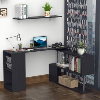 HOMCOM 55" Corner Computer Desk, 360° Rotating L-Shaped Desk, Home Office Workstation with 3-Tier Shelves, Bookshelf, Black(m-1)