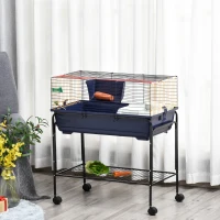 PawHut Small Animal Cage, 35.7" Rolling Guinea Pig Cage with Detachable Stand, Water Dispenser, Food Dish, Ramp, Wheels, for Rabbit, Bunny, Ferret, Chinchilla, Blue, Black, Yellow(m-1)