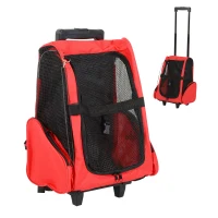 PawHut 2-IN-1 Pet Luggage Box Backpack Carrier Cats Dogs w/ Handle, Rolling Wheel Red(m-2)