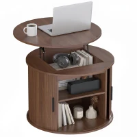 HOMCOM Lift Top Coffee Table, Modern Fluted Round Coffee Table with Layered Storage and Tambour Sliding Door, Walnut Brown(m-13)
