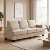 HOMCOM 3 Seater Sofa with USB Ports & Cup Holders, Chenille-Feel Upholstered Couch for Living Room, Light Brown