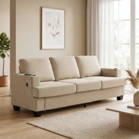 HOMCOM 3 Seater Sofa with USB Ports & Cup Holders, Chenille-Feel Upholstered Couch for Living Room, Light Brown(m-1)