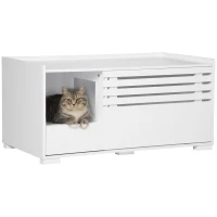 PawHut Hidden Cat Litter Box Furniture, Cat Litter Box Enclosure with Storage Compartments and Side Table Function, White(m-9)