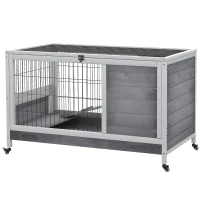 PawHut Wooden Indoor Rabbit Hutch Elevated Bunny Cage Habitat with Enclosed Run with Wheels, Suitable for Rabbits and Guinea Pigs, Grey(m-11)