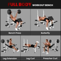 Soozier Bench Press Set Adjustable Weight Bench with Squat Rack, Preacher Curl Pad, Leg Developer and Weight Storage, White(m-4)