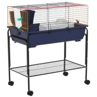 PawHut Small Animal Cage, 35.7" Rolling Guinea Pig Cage with Detachable Stand, Water Dispenser, Food Dish, Ramp, Wheels, for Rabbit, Bunny, Ferret, Chinchilla, Blue, Black, Yellow(m-11)