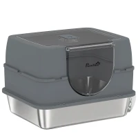 PawHut Stainless Steel Cat Litter Box with Lid, High Sided Enclosed Litter Box with Removable Lid, Tray, Scoop(m-2)