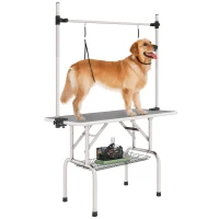 PawHut Adjustable Dog Grooming Table with 2 Safety Slings, Storage Basket, Grey(m-9)