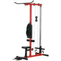 Soozier Lat Pull Down Machine, High / Low Pulley Machine with Adjustable Seat and Flip-Up Footplate, Red(m-2)