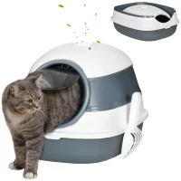 PawHut Foldable Large Cat Litter Box with Lid, Covered Kitten Litter Box w/ Automatic Cat Litter-Proof Sides, Deodorization, Easy to Clean, White and Grey(m-2)