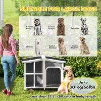 PawHut Wooden Dog House, Raised Pet Kennel with Removable Bottom, Openable Asphalt Roof, Door Curtain, Side Windows, Dark Grey(m-4)
