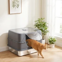 PawHut Stainless Steel Cat Litter Box with Lid, High Sided Enclosed Litter Box with Removable Lid, Tray, Scoop(m-8)