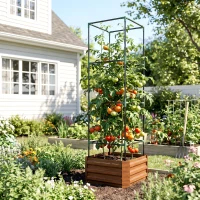 Outsunny Galvanized Planter Box, 24" x 24" x 73.5" Raised Garden Bed with Tomato Cage for Climbing Vines, Brown(m-9)