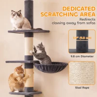PawHut Floor-to-Ceiling Cat Tree 88.6"-100.4" Adjustable, 5-Level Cat Tower with Hammock, 3 Sisal Scratching Posts, Toy Ball(m-6)