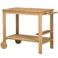 Outsunny Outdoor Bar Cart, Wood Rolling Home Bar & Serving Cart with 2 Shelves, Wine Bottle Holders for Garden, Dining Room, Natural(m-2)