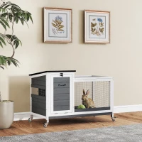 PawHut Wooden Rabbit Hutch with Pull-Out Tray, Asphalt Openable Roof, Small Animal Cage on Wheels with Run, Grey(m-1)