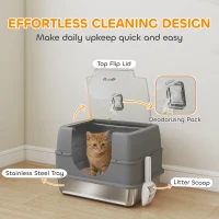 PawHut Stainless Steel Cat Litter Box with Lid, High Sided Enclosed Litter Box with Removable Lid, Tray, Scoop(m-7)
