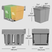 HOMCOM Pull Out Bin, Under Sink Garbage Can with 2 Removable Compartments (4 gallon Each) for Kitchen Waste, Light Grey(m-3)