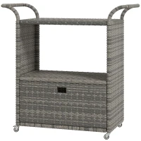 Outsunny Patio PE Wicker Garden Serving Cart with 2-Tier Shelf, Outdoor Wheeled Rattan Food Cart with Drawer, Handles, for Poolside, Garden, Mixed Grey(m-2)