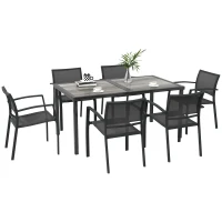 Outsunny 7 Pieces Outdoor Dining Set with 6 Stackable Chairs, Patio Table and Chairs with Plastic Top, Breathable Mesh Seat Back(m-9)